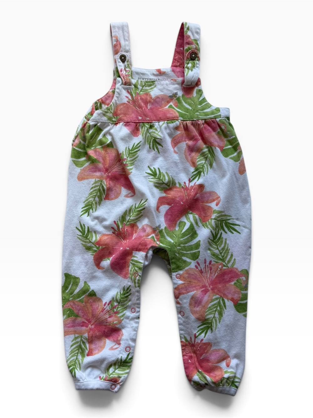 Burt's Bees Baby Pink Floral & Green Leaf Overalls